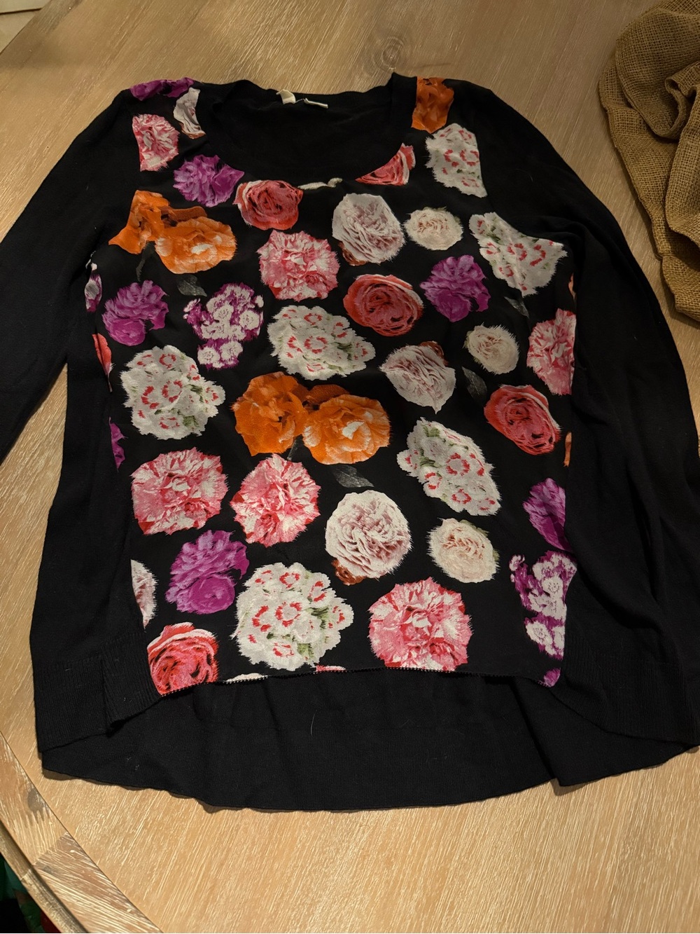 Moth Black Floral Crewneck Long-Sleeve Top with Multicolor Blooms